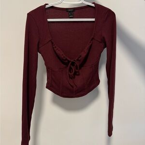 Burgundy ruched tie-front crop with corset design